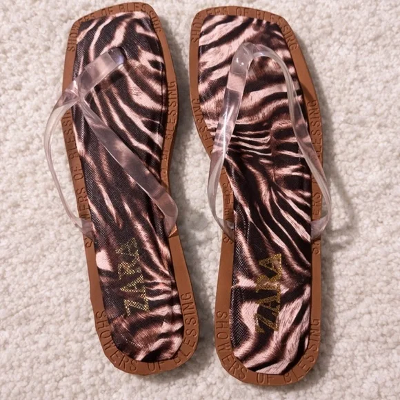 ZARA Zebra Print Flip Flop Sandals Clear Strap Thong Slides Size 41 / US 10 - Picture 5 of 6